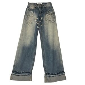 Playboy PacSun Distressed Stars & Bunny Patched Wide-Leg Denim Pants Size 28 NWT